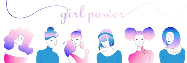 Collection of women characters for Girl Power banner Template for woman days on isolated backdrop