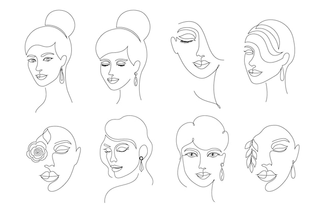 Collection of women faces in on line drawing style on white background.