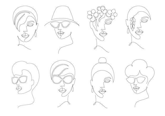 Collection of women faces in on line drawing style on white background.