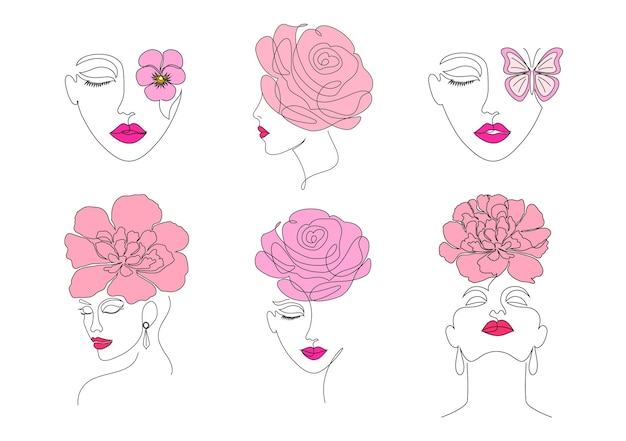 Collection of women faces in on line drawing style on white background.