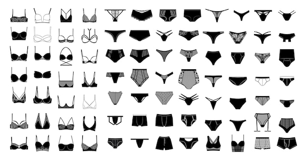 Collection of women's lingeries and men's underpants. Black and white illustrations.