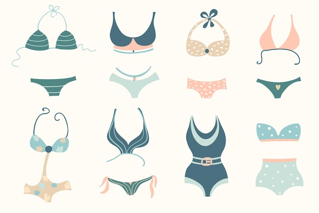 Collection of women swimwear isolated on light background