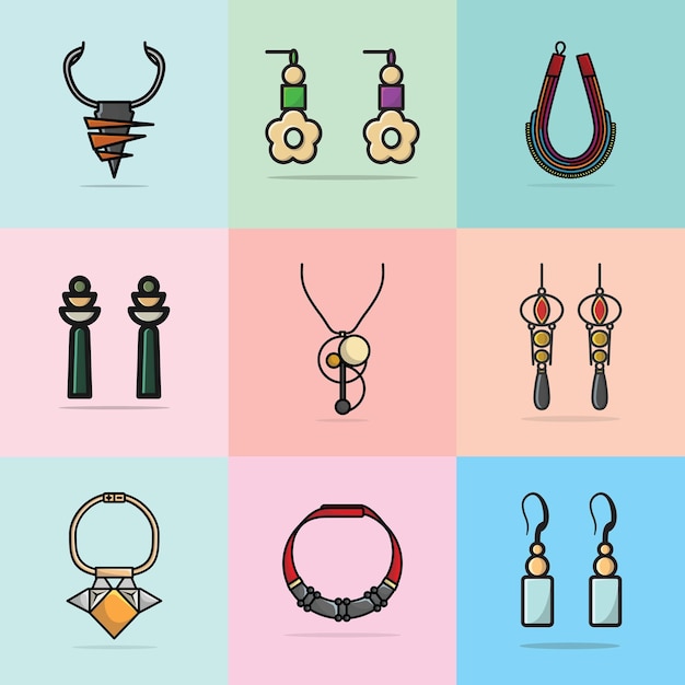 Collection of Women Trendy Colorful Earrings Jewelry and Luxury Necklaces vector illustration