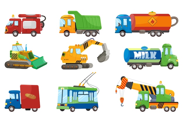 Collection of working vehicles Fire engine dump oil bread truck milk tanker trolleybus excavator bulldozer Isolated on white background Vector illustration