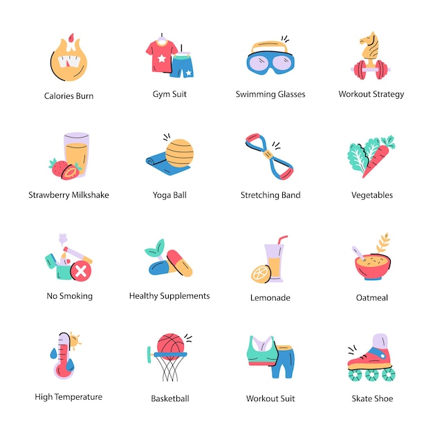 Collection of Workout Tools Hand Drawn Icons