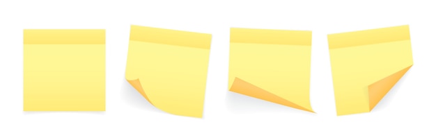 Collection of yellow colored sheets of note papers with curled corner and shadow 