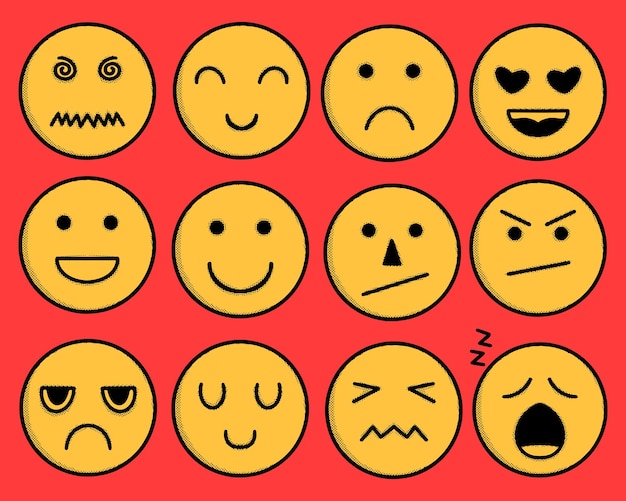 Collection of yellow emoticon set hand drawn vintage styles free vector