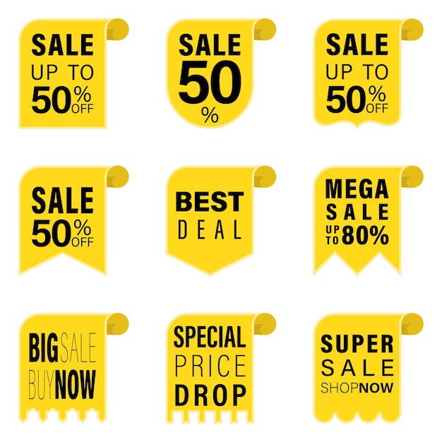 Collection of yellow price tags black text sale promotion flags vector flat design on white background