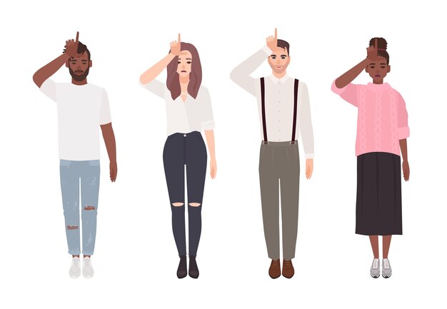 Collection of young unhappy men and women making Loser hand gesture isolated on white background. Group of sad people demonstrating L letter sign. Colorful vector illustration in flat cartoon style.