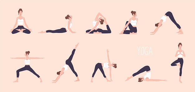 Vector collection of young woman performing physical exercises. bundle of female cartoon character demonstrating various yoga positions isolated on light background. colorful flat vector illustration.