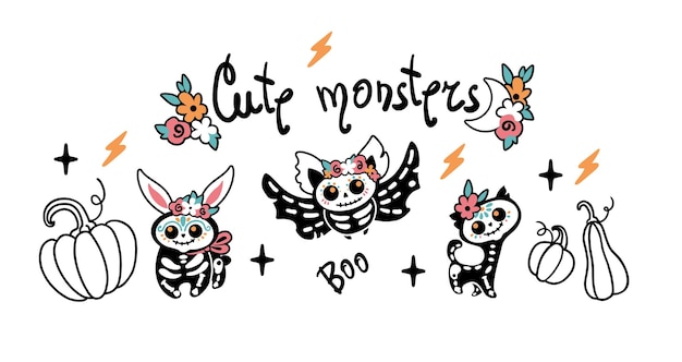 Collections of cute monsters for Halloween. Dead animals. Vector.