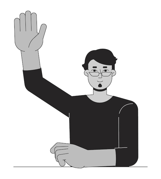 College arab student with single hand raised flat line black white vector character Editable outline half body person Asking questions simple cartoon isolated spot illustration for web design