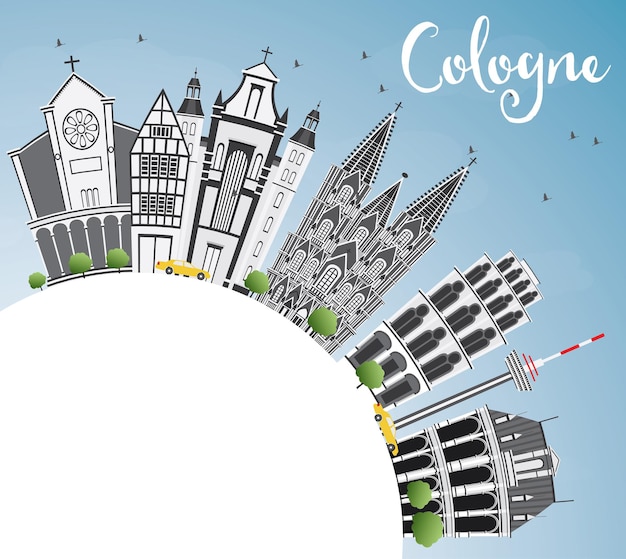 Cologne Skyline with Gray Buildings, Blue Sky and Copy Space. Vector Illustration. Business Travel and Tourism Concept with Historic Architecture. Image for Presentation Banner Placard and Web Site.