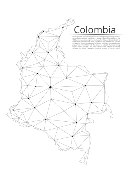 Colombia communication network map Vector low poly image of a global map with lights in the form of cities