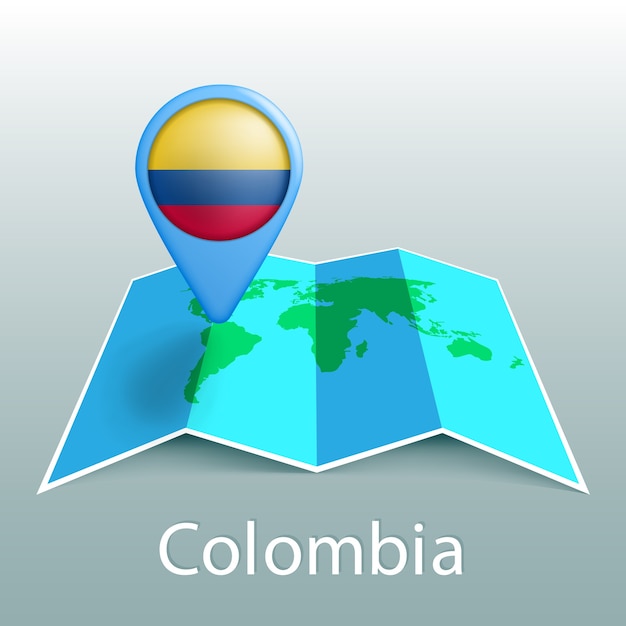 Colombia flag world map in pin with name of country on gray background