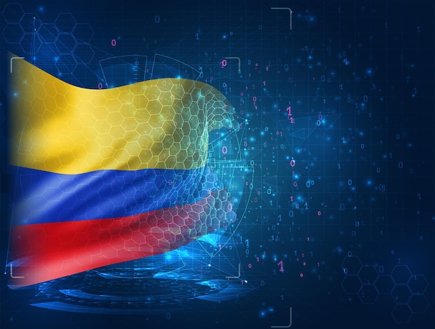 Colombia, vector 3d flag on blue background with hud interfaces