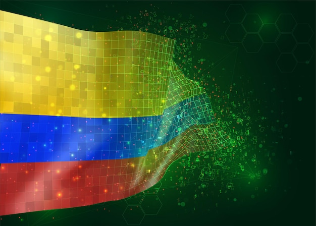 Colombia,  on vector 3d flag on green background with polygons and data numbers