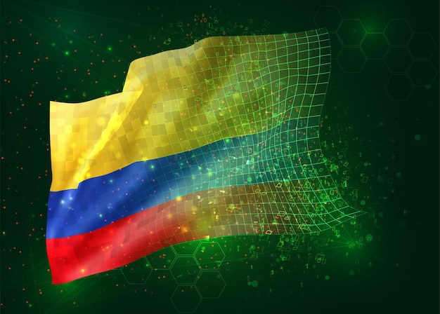 Colombia,  on vector 3d flag on green background with polygons and data numbers