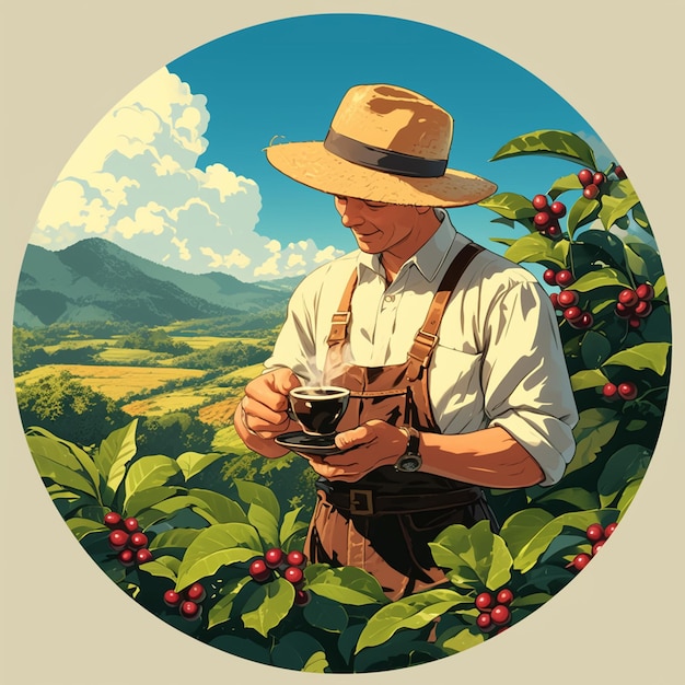 Colombian Man in Coffee Farmers Gear Picking Beans