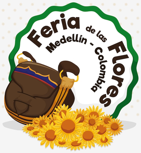 Colombian traditional carriel bag and daisies for Flowers Festival written in Spanish