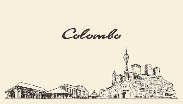 Colombo skyline, Shri Lanka, hand drawn vector illustration, sketch