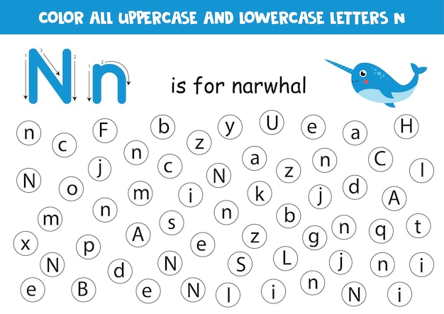 Color all letters N. Educational worksheet for school and kindergarten. N is for narwhal.