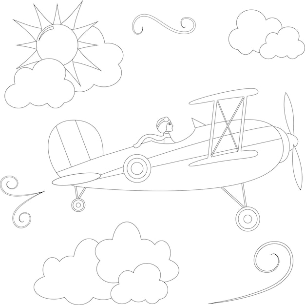 Color book vector illustration of an airplane and pilot flying in the clouds