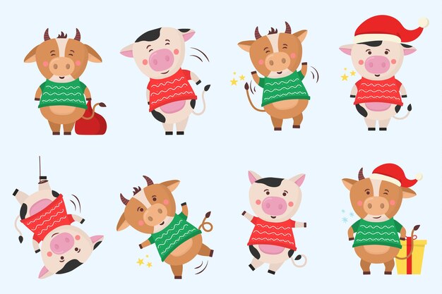 Vector color bulls chinese new year  symbol animals with horns cow animal holidays cartoon character