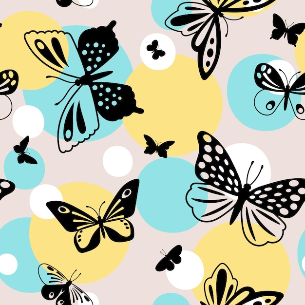 Color butterflies pattern. Polka dot and butterfly flight bright color fashion seamless pattern, vector illustration