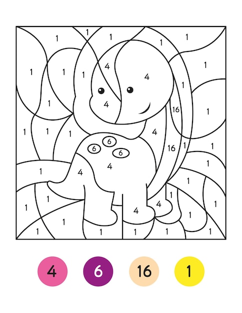 Color by number activity, Color by code activity for kids, Dinosaur coloring page vector