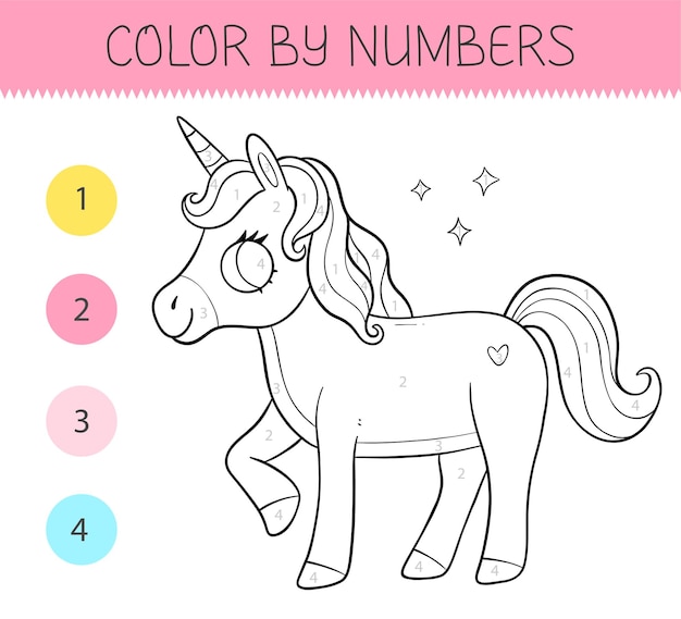 Color by numbers coloring book for kids with cute unicorn Coloring page Monochrome black and white