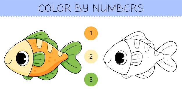 Color by numbers coloring book for kids with fish Coloring page with cute cartoon fish