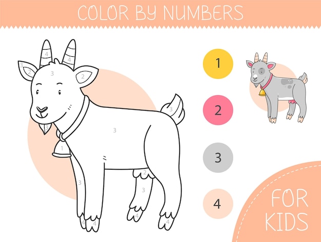 Color by numbers coloring page for kids with goat Coloring book with cute cartoon goat