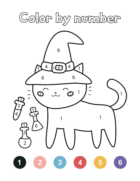 Color by numbers for preschool children. Cute Halloween cat with witch hat and potions