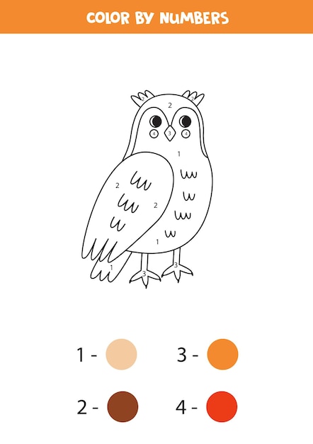 Color cartoon owl by numbers Worksheet for kids