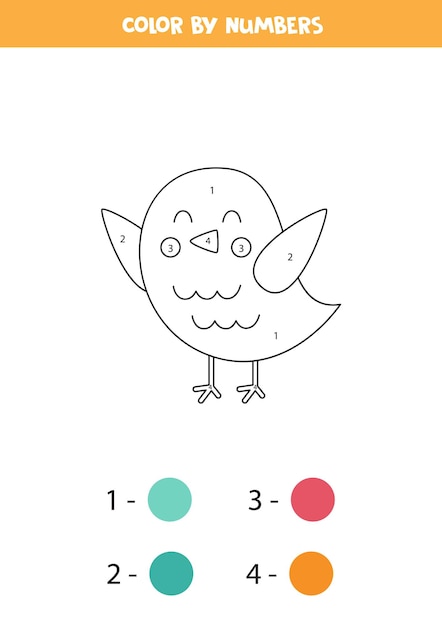 Color cartoon spring bird by numbers Worksheet for kids