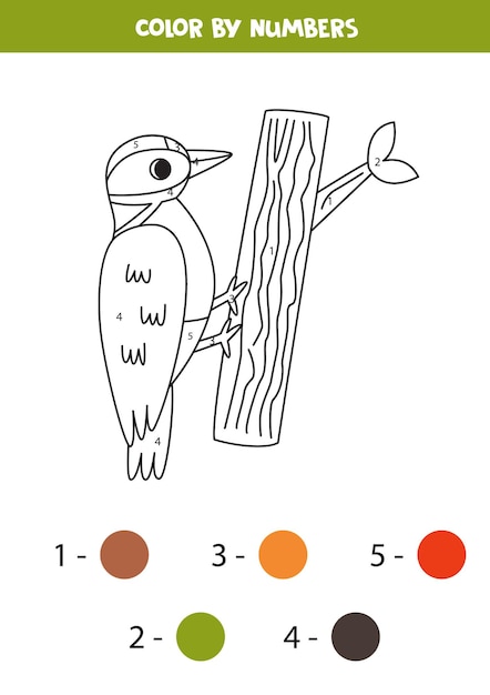 Color cartoon woodpecker by numbers Worksheet for kids