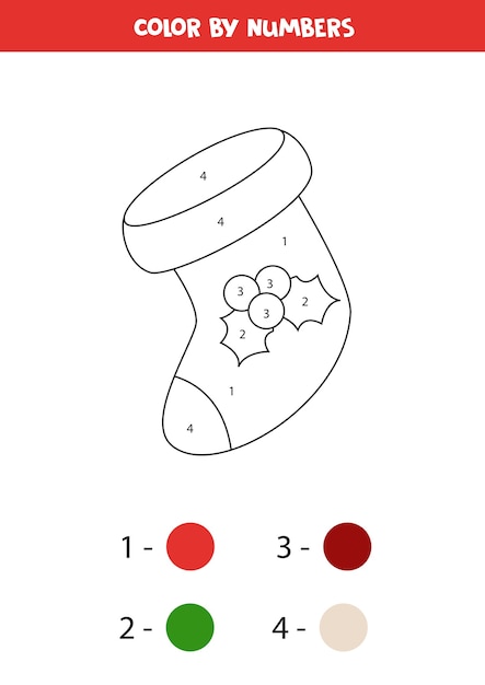 Color Christmas sock by numbers. Educational worksheet for kids.