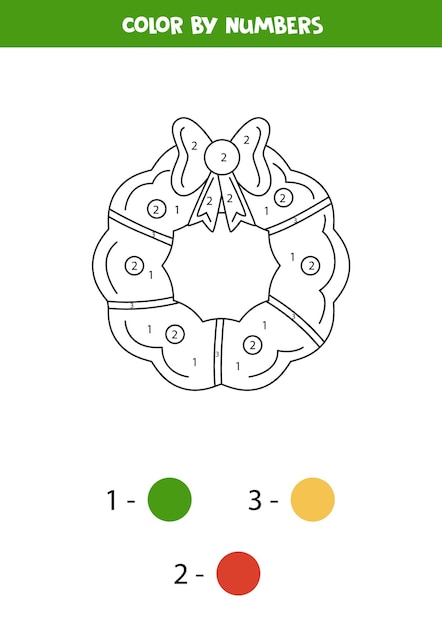 Color Christmas wreath by numbers Worksheet for kids