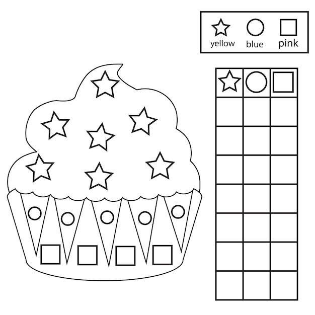 Color count and graph Educational children game Color cupcake and counting shapes Printable worksheet for kids and toddlers