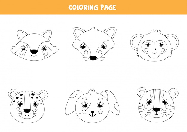 Color cute animal faces. Coloring page for children.