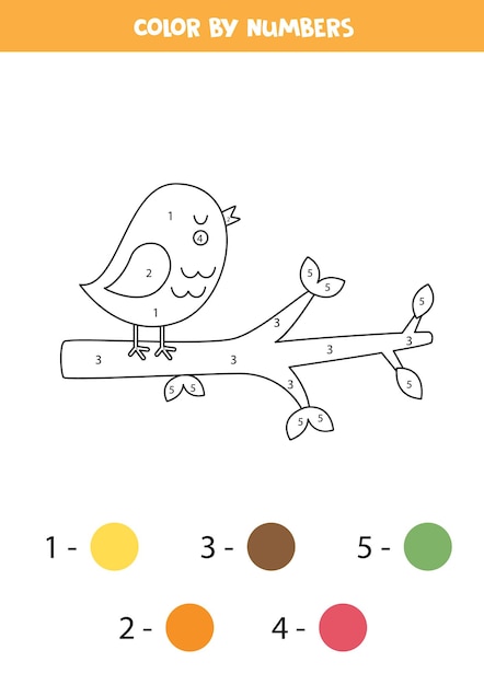 Color cute bird on branch by numbers Worksheet for kids