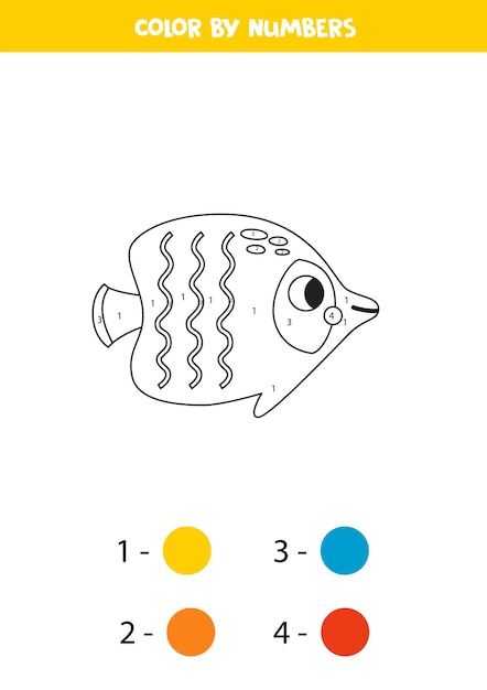 Color cute butterfly fish by numbers Worksheet for kids