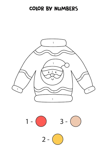 Color cute cartoon Christmas sweater by numbers. Worksheet for kids.