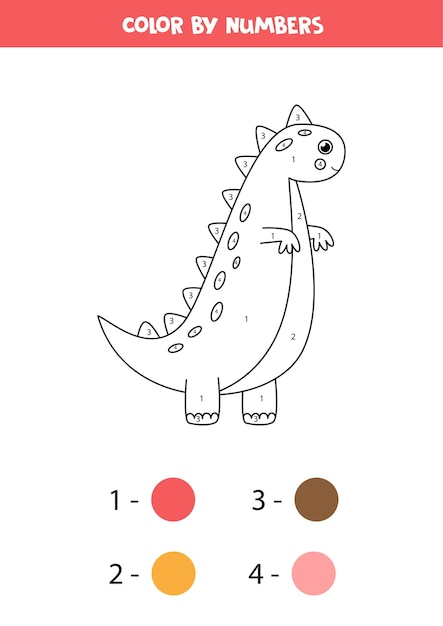 Color cute cartoon dinosaur by numbers. Coloring page for kids.