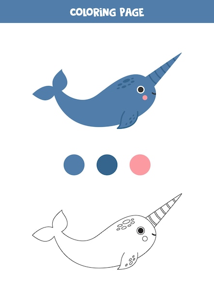 Color cute cartoon narwhal Worksheet for kids