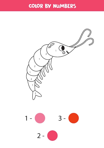 Color cute cartoon shrimp by numbers Worksheet for kids