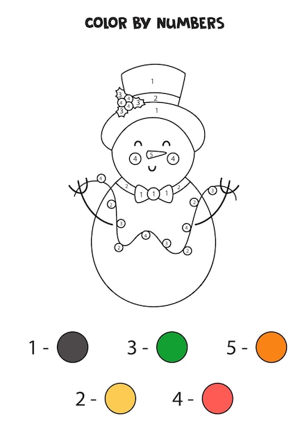 Color cute cartoon snowman by numbers. Worksheet for kids.