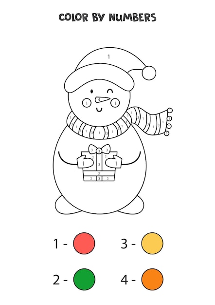 Color cute cartoon snowman by numbers. Worksheet for kids.