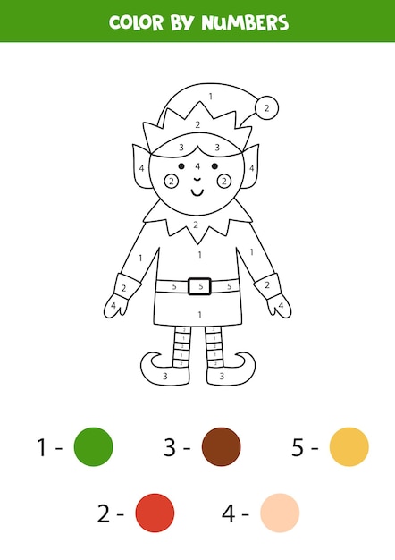 Color cute Christmas elf by numbers Worksheet for kids